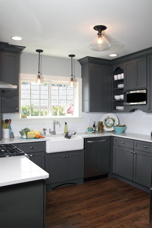 Beautiful U Shaped Kitchen With Dark Gray Shaker Cabinetry