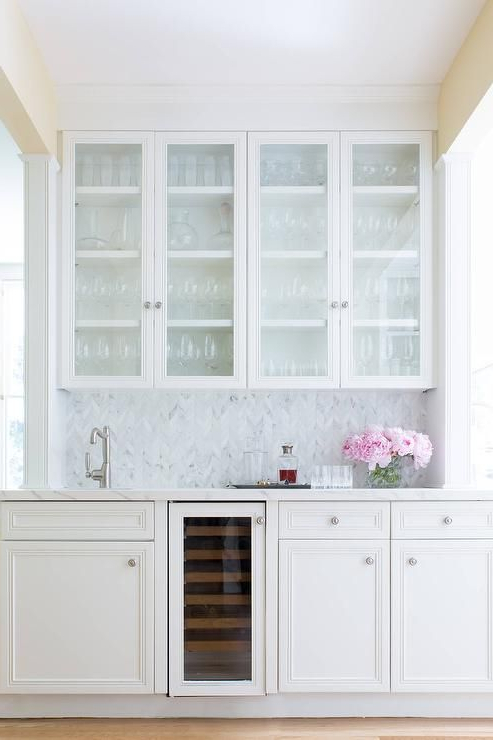 Beautiful White Wet Bar Features Glass Front White