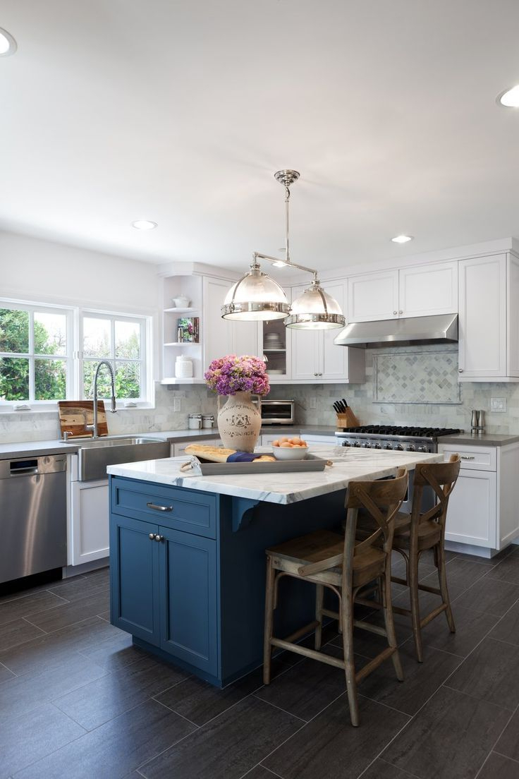 Check Out The Blue Island White Cabinets And Dark Blue