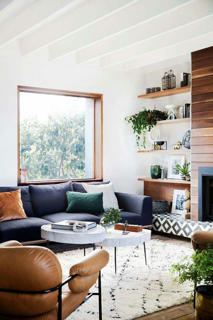 Comfortable Neutral Living Room Wood Slat Fireplace