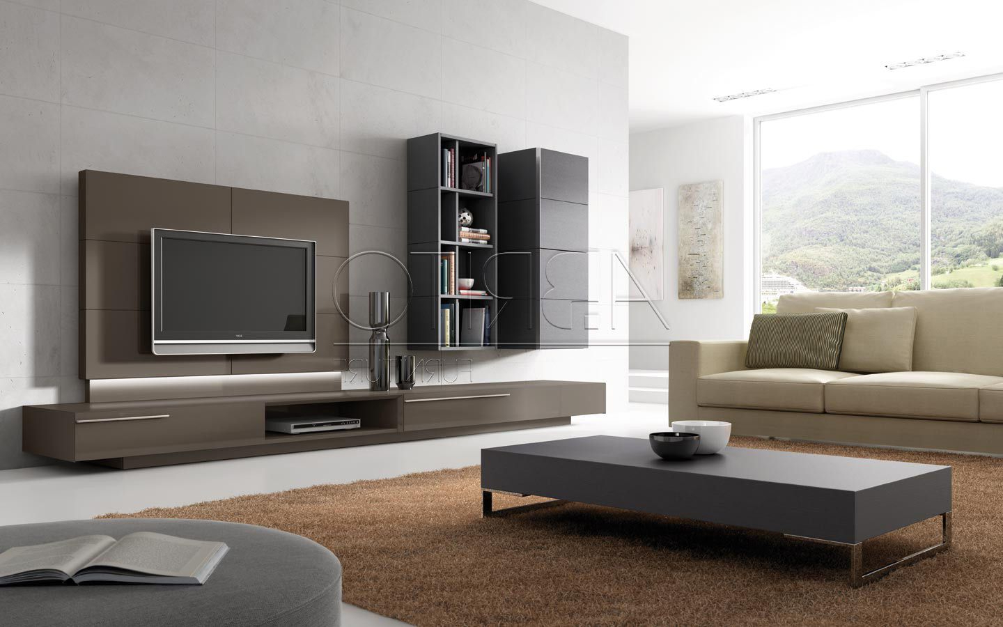 Contemporary Tv Wall Unit For Living Room With Bookcase