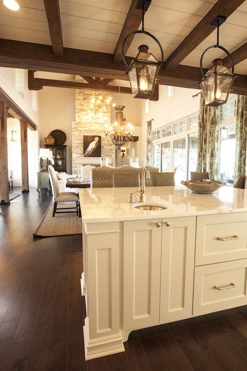 Cottage Kitchen With Rustic Wood Beams Layered Over White