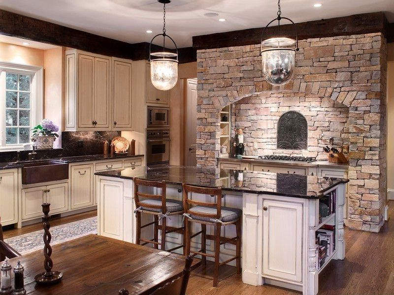 Country Kitchen With Kitchen Island Wood Counters Wall