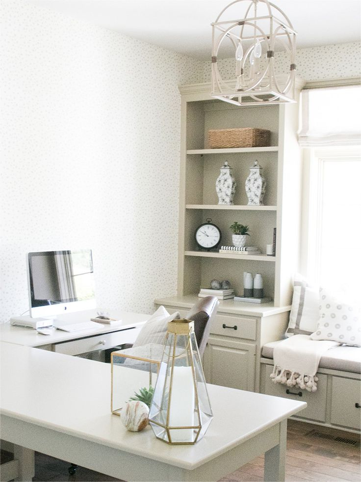 Cozy Office Design With L Shaped Desk And Window Seat