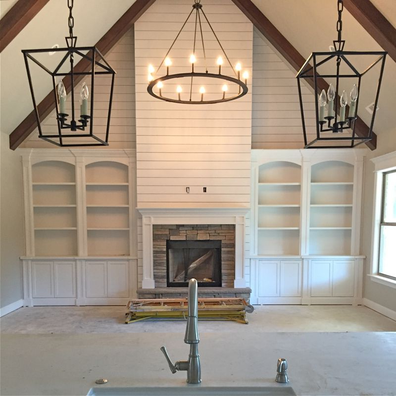 Example Of Built Ins With Shiplap Above And Wood Beams