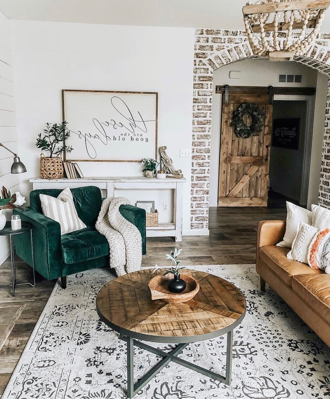 Farmhouse Style Living Room With Faux Brick Wall Shiplap