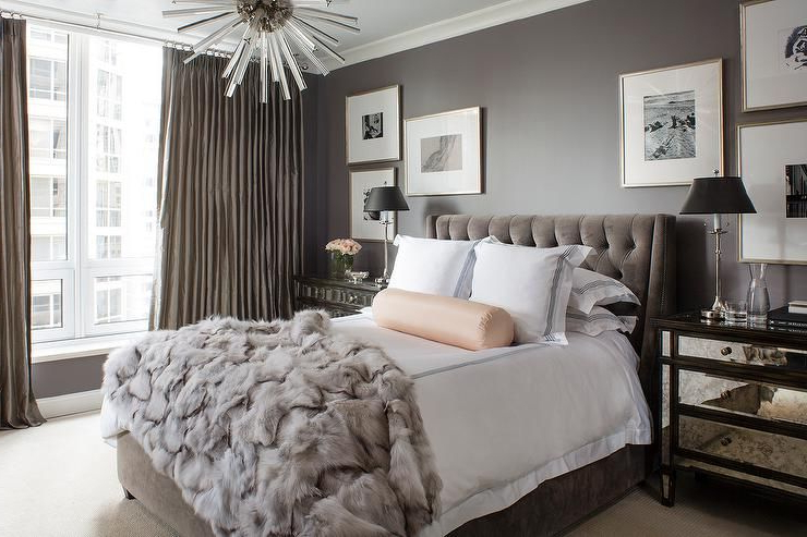 Glamorous Gray Bedroom Features Walls Painted Dark Gray