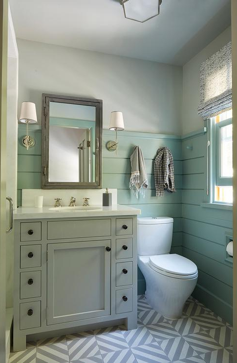 Gray Washstand With Green Shiplap Trim Cottage Bathroom