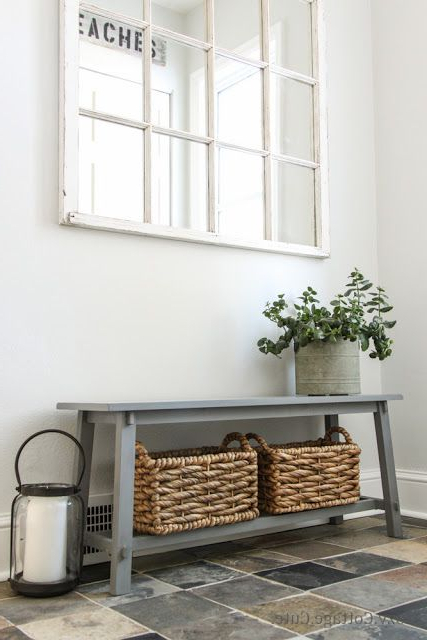 Great Little Entry Bench With Baskets For Storage Love The Stone Floor Entryway Home