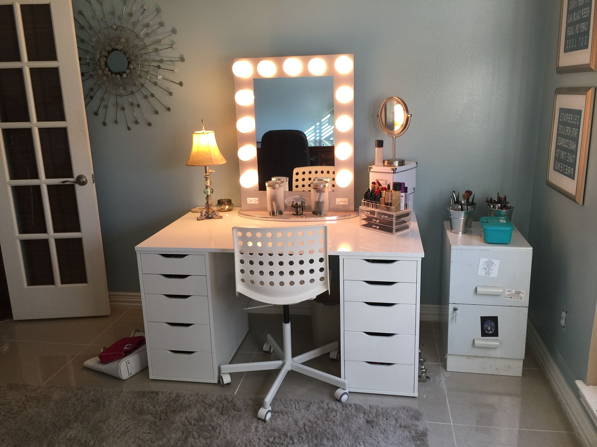 Hollywood Mirror And Ikea Desk Top And Storage Units For