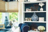Home Office Bookcase With Grasscloth Wallpaper And Coastal