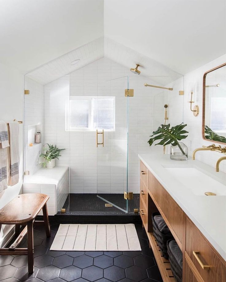 Kate Marker Interiors On Instagram Loving The Natural Wood Vanity Black Hex Floor Tile And