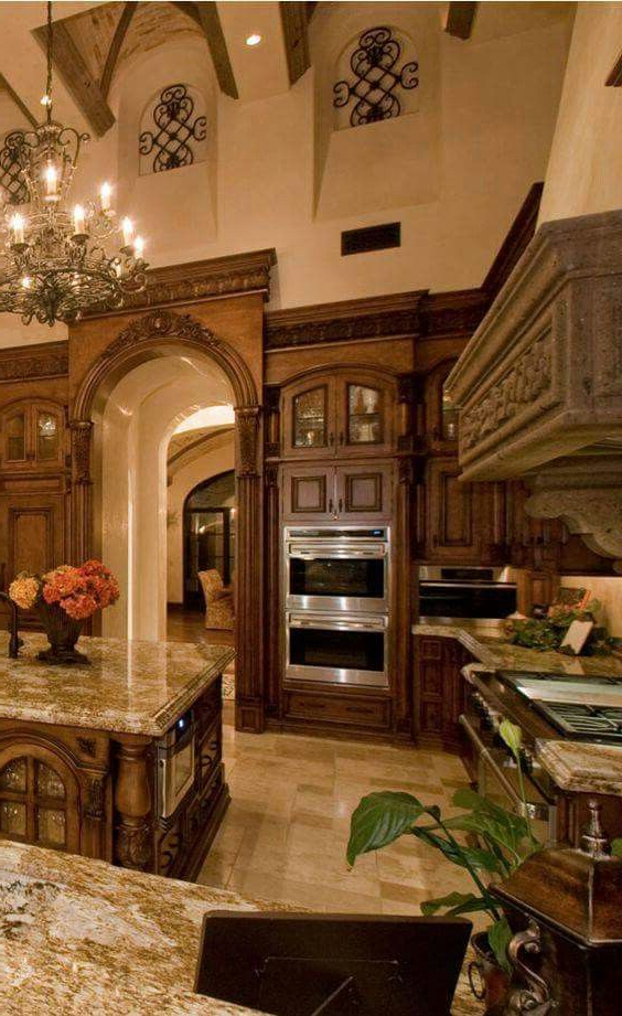 Luxury Mediterranean Kitchen Stained Wood Wall Niches