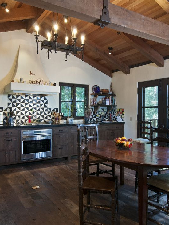 Modern Rustic Design Kitchen Wood Covered Ceiling With