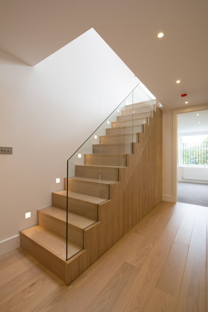 Oak Staircase With Frameless Glass Balustrade From Hallway