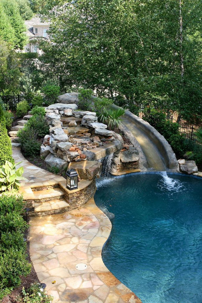 Pool With Slide Waterfall Grotto Cave Pool Landscaping