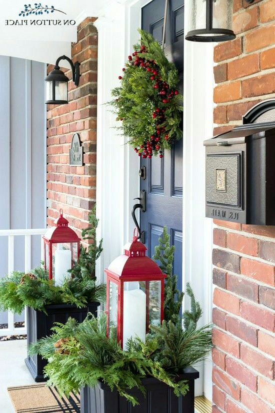 Red Lantern And Evergreens Christmas Porch Decor Front