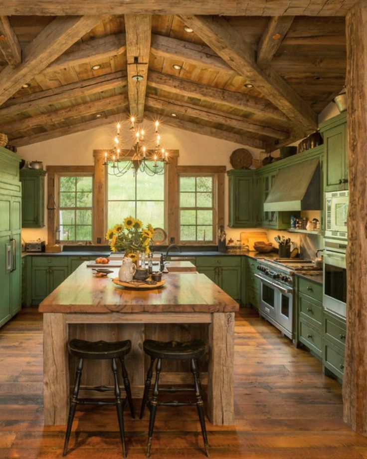 Rustic Green Kitchen Cabinets With Images Farm Style