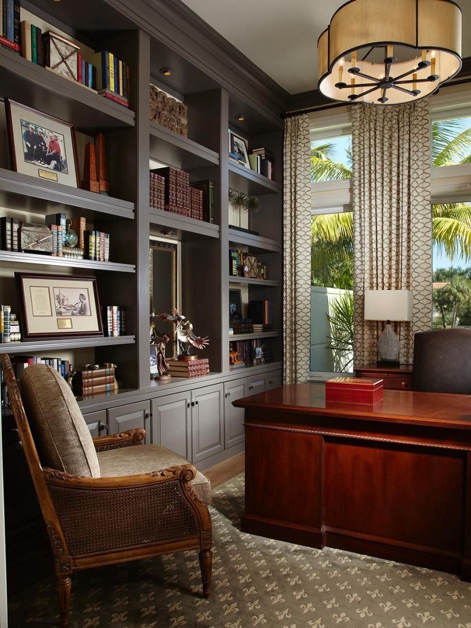 Sophisticated Home Office With Gray Built Ins Home