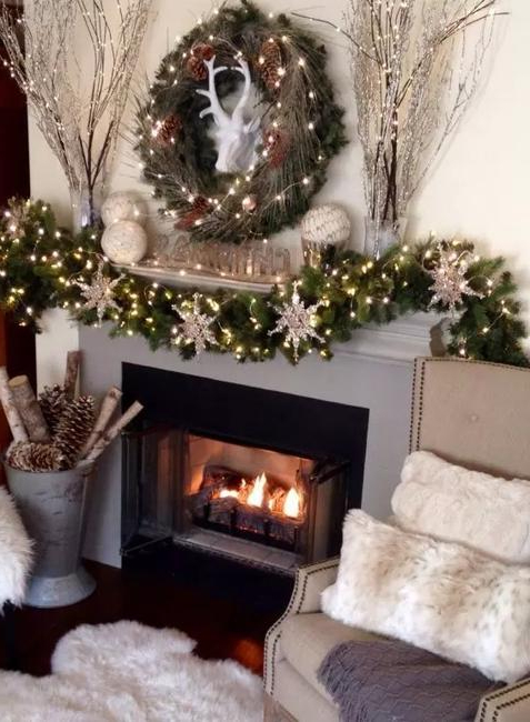 Traditional Christmas Garlands And Lights Chic Fireplace
