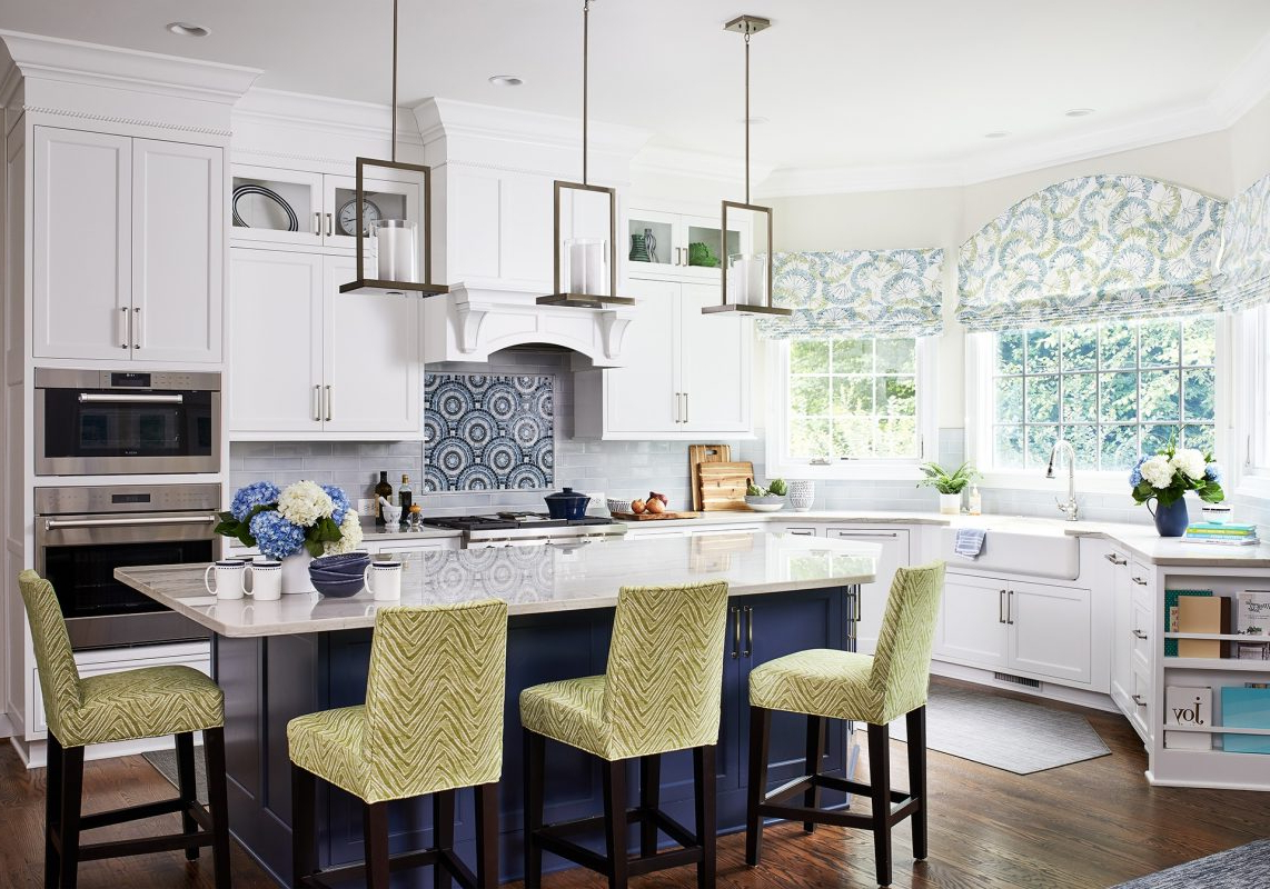 Transitional Painted White Kitchen With Classic Blue Island Crystal Cabinets