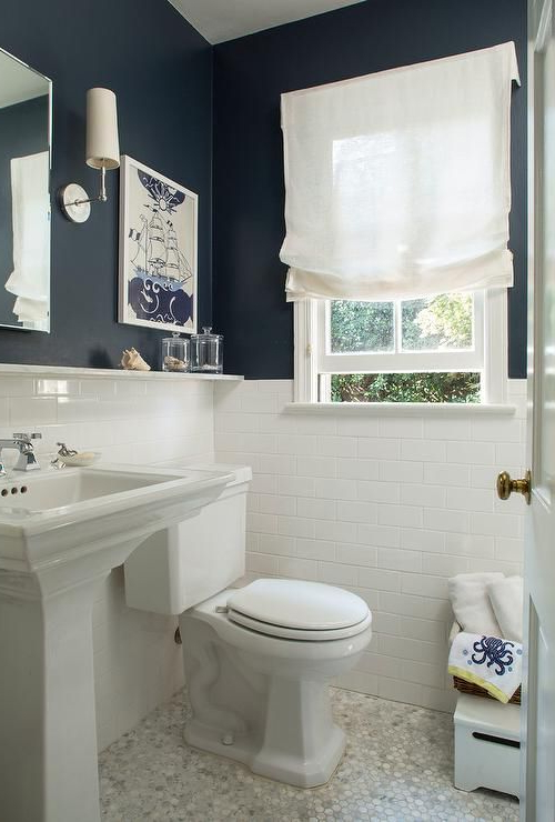 White Subway Tiles With White Grout And Navy Walls Create