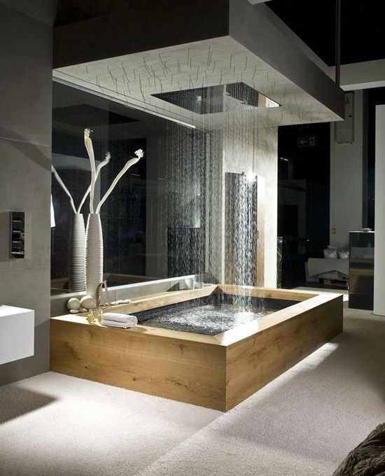 Wooden Bath With Overhead Rain Shower And Natural Elements